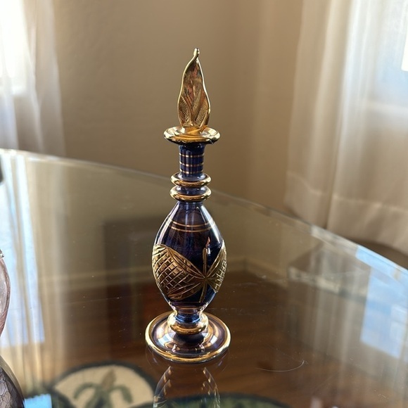 Egyptian Purple and Gold Glass Perfume Bottle with Stopper - Picture 6 of 7